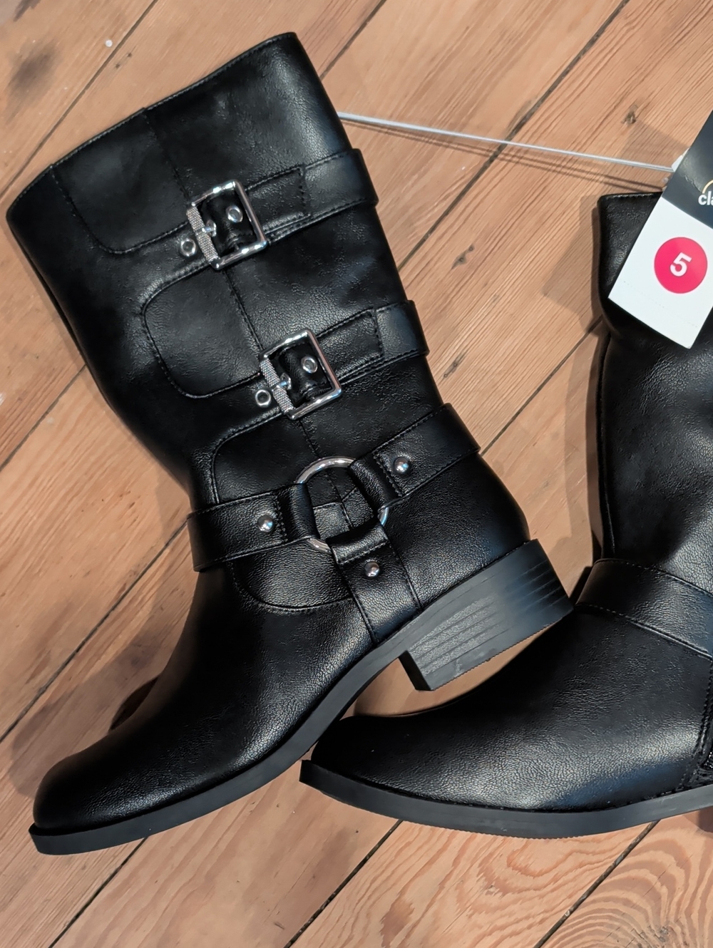 Amazon Black Mid-Calf Lace-Up Buckle Boots